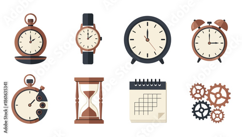 Timeless collection of vintage clocks and gears in flat design style