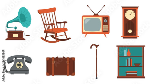 Vintage home decor collection with retro tv and classic furniture