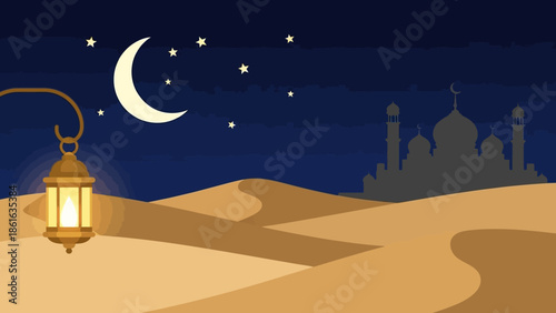 Night desert scene with lantern and crescent moon silhouette