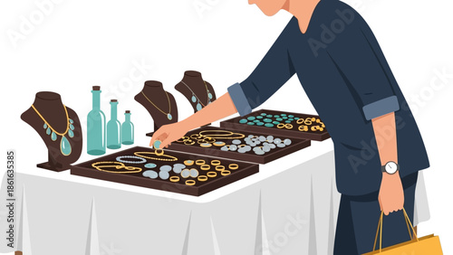 Jewelry shopping in flat design: person choosing accessories at market table