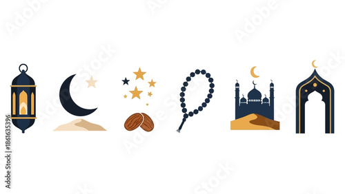Islamic symbols collection: lantern, crescent moon, mosque, prayer beads, stars, ramadan