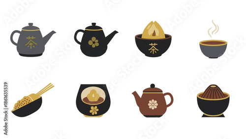Traditional tea icons featuring teapots and cups in minimalist style