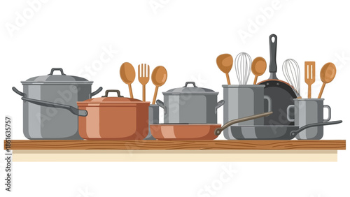 Modern cookware collection on wooden shelf with utensils