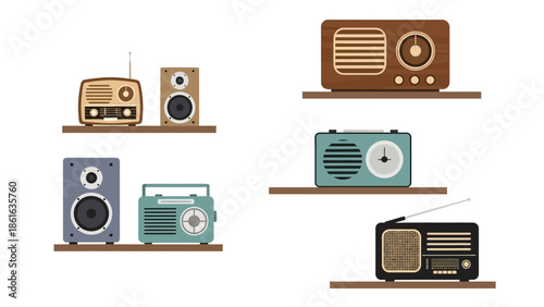 Retro radios and speakers on shelves: a vintage collection in flat design