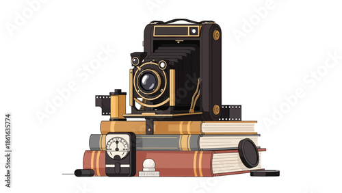 Vintage camera and books composition with retro film elements