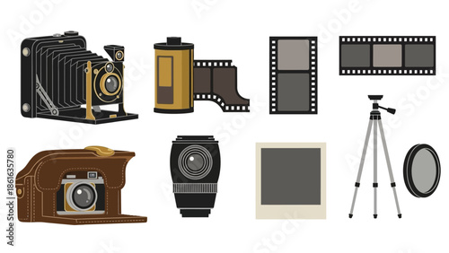 Retro camera and photography equipment icons set