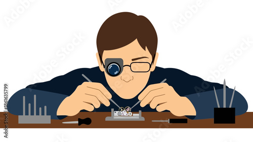 Watchmaker repairing intricate timepiece with precision tools in flat design