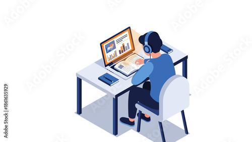 Isometric study desk: online learning with headphones and laptop in modern workspace