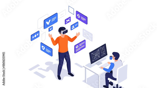 Isometric virtual reality meeting with two people interacting in a modern office setting