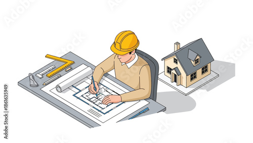 Architect designing house plans in isometric style with tools and model