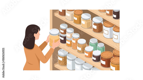 Woman organizing pantry with labeled jars on wooden shelves in modern flat design