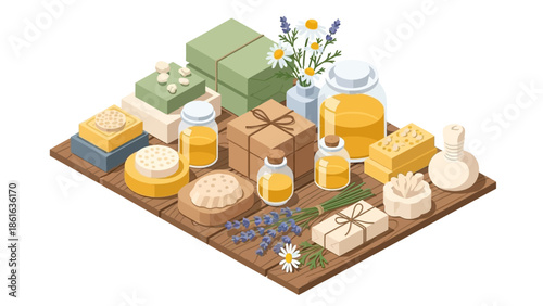Isometric natural beauty products display with herbs and essential oils