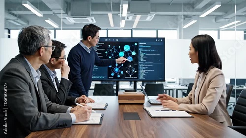 Focused business executives analyze ai technology data, pointing at the blue visualization screen during a professional meeting.