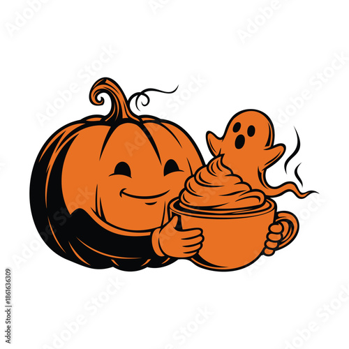 Cute halloween pumpkin drinking coffee with little ghost. Funny jack o lantern holding latte mug vector illustration.eps