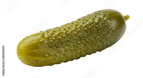 Close-up view of a single, bumpy dill pickle on a white background