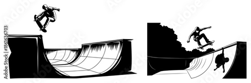 Skatepark scene with skaters on ramp in monochrome style