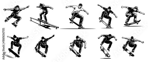 Set of vintage skateboarding and rollerblading monochrome illustrations