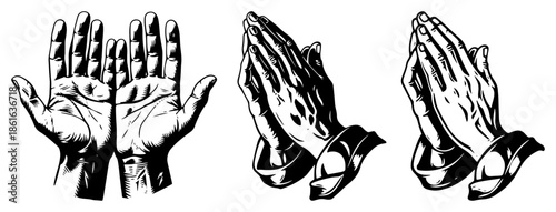 Vintage engraving style illustration set of praying hands and open palms