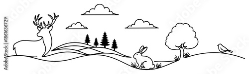 Minimalist line art nature landscape with deer rabbit and bird