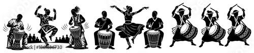 Silhouette vector of african tribal dancers and musicians playing drums