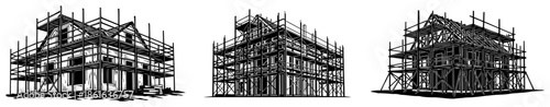 House under construction with scaffolding and wooden framework