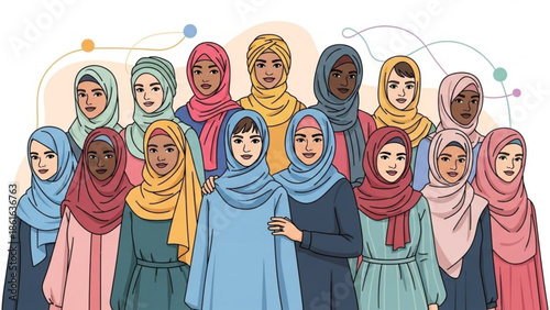 Diverse group of women wearing hijabs representing unity and empowerment illustration for social media and cultural projects