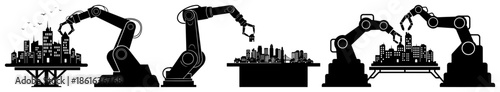 Robotic arms building a city vector silhouette illustration