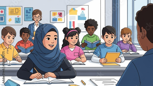 Diverse classroom with students learning and teacher instructing representing education and multiculturalism ideal for school or learning concep