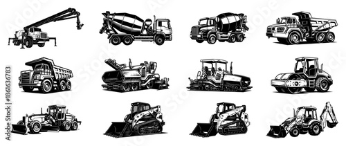 Heavy construction machinery and industrial vehicle illustration set