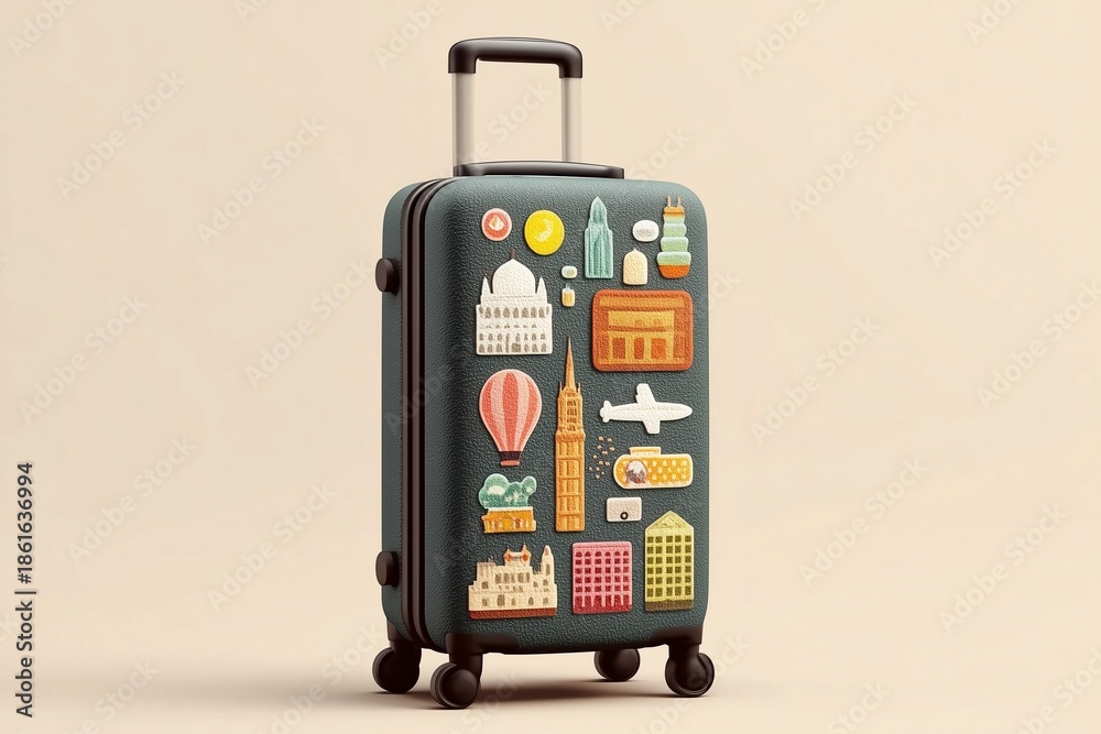 Naklejka premium Travel-Inspired Luggage with Vibrant Stickers of Iconic Landmarks and Adventures