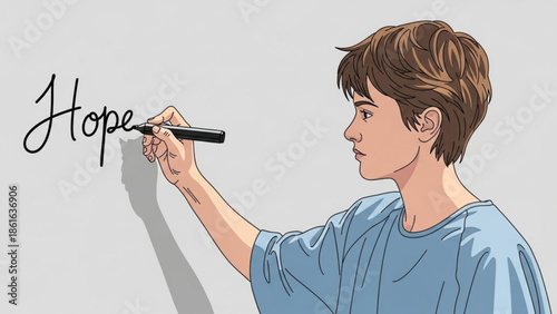 Young person writing the word Hope on a wall with a marker concept of optimism and aspiration illustration on white background