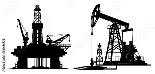 Oil and gas industry silhouettes with offshore platform and pumpjack