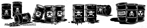Leaking industrial barrels with toxic biohazard and skull warning symbols