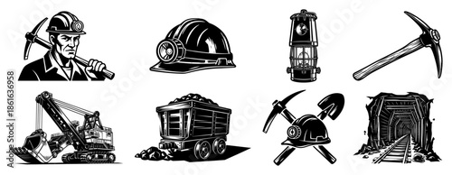 Set of coal mining industry equipment and miner silhouette icons