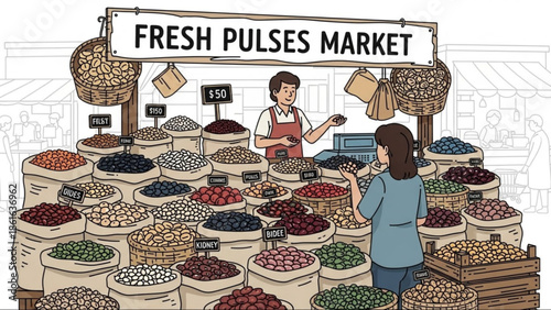 Fresh pulses market stall with vendor and customer diverse grains and legumes in sacks illustration for healthy eating and organic food concepts