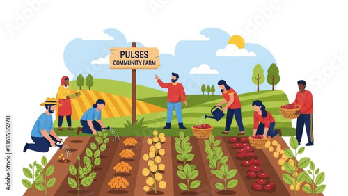 Community farm illustration people working together planting and harvesting vegetables concept of agriculture and sustainability flat vector sty