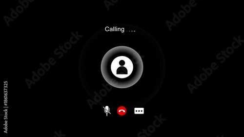 Video call interface with calling text and person icon on black communication online. 4k video animation