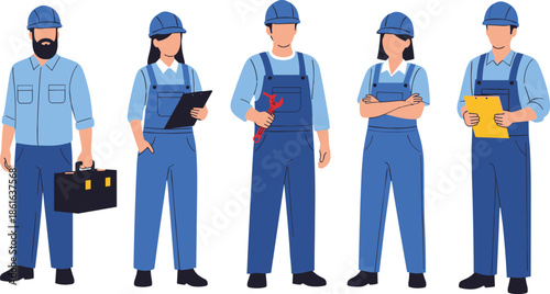 Set of Professional Service Workers and Technicians Wearing Blue Overalls and Safety Helmets Carrying Tools and Clipboards for Industrial Maintenance Projects