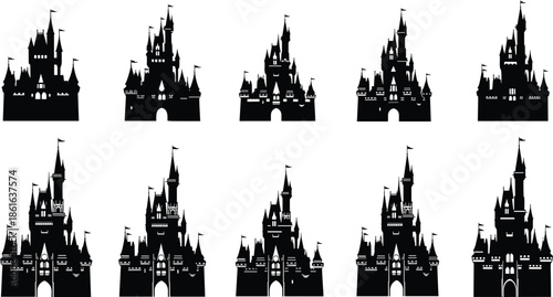 Set of Black Fairytale Castle Silhouettes Featuring Magical Fantasy Fortresses with Towers and Turrets Isolated on White Background for Storybook Design