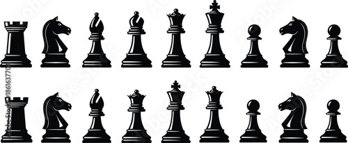 Complete Set of Black Chess Piece Silhouettes Including King Queen Rook Bishop Knight and Pawn Icons Isolated on White Background for Strategy