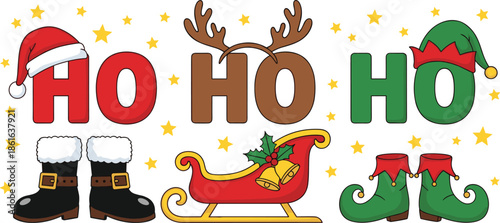 Colorful Christmas vector set featuring Ho Ho Ho text with santa and elf hats boots sleigh and golden holiday stars