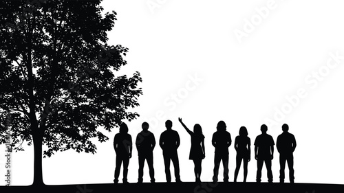 Black silhouette of people group standing together under large tree on white background, outdoor community gathering, nature environment, friendship and teamwork concept.