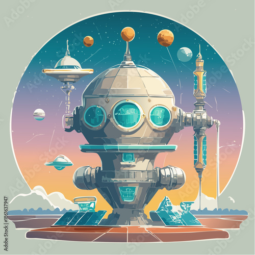 Futuristic Space Station with Advanced Technology and Celestial Bodies in a Distant Galaxy Viewed from a Unique Perspective