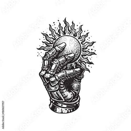 Knight Gauntlet Holding the Sun – Medieval Ink Illustration