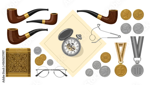 Vintage collection: tobacco pipes, pocket watch, coins, and medals in assorted antique objects set