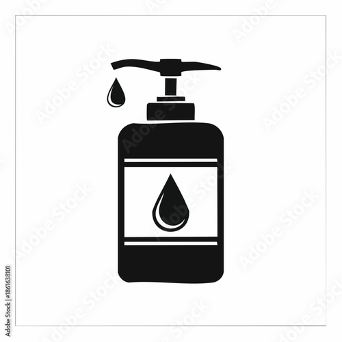 A black and white illustration of a soap dispenser with a single drop falling from its pump