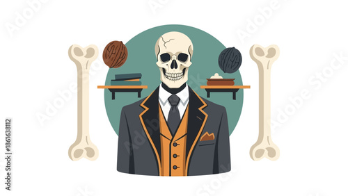 Stylish skeleton in suit with coffins and bones for halloween theme