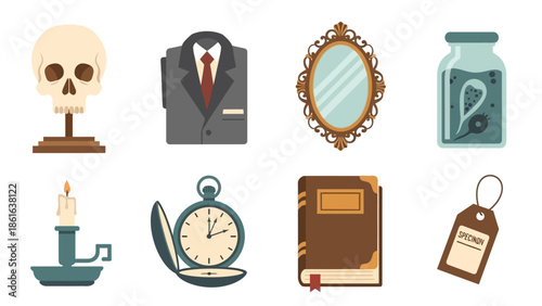 Antique and vintage items collection: skull, mirror, suit, candle, watch, spider, book, tag