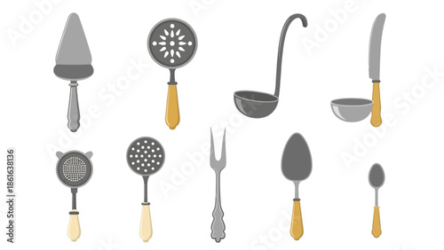 Vintage kitchen utensils with wooden handles in flat design