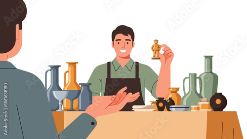 Ceramics market scene with smiling vendor displaying a small statue